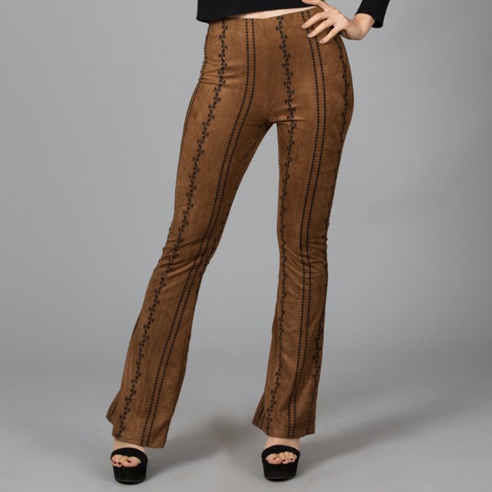 Brown Suede Flare Pants with Black Detailing